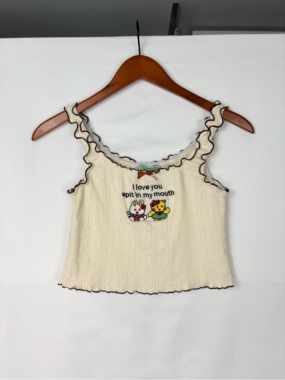 Omighty I Love You Spit Pointelle Tank Top Cream Embroidered Size S Crop